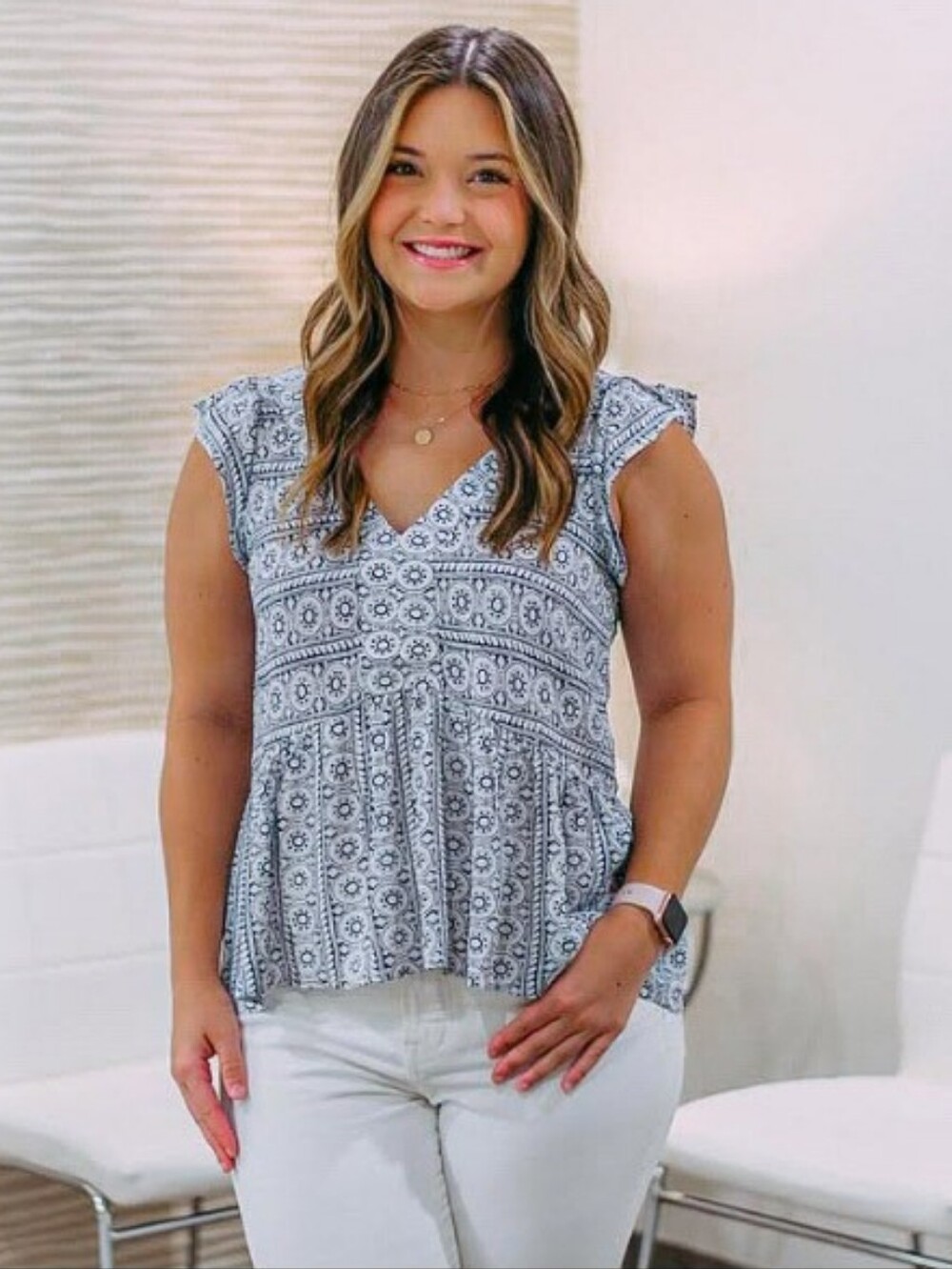 New Women’s V-Neck Plunge Smocked Peplum Blouse with Ruffle Sleeve Top